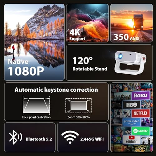 2025 New Smart Projector with WiFi 6 and Bluetooth Built-in Apps - Portable Bedroom Mini Projector Native 1080P 4K Support, Auto Keystone & Zoom Home Theater Cinema Movie Proyector, 120° Stand, Grey