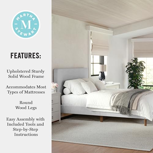 Image of Martha Stewart Britta Platform Bed with Headboard & Footboard, Faux Linen Upholstery with Piping Detail, Rounded Headboard, No Box Spring Needed, Full, Gray