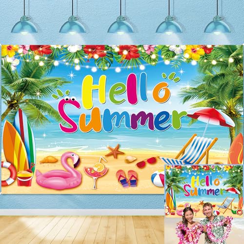 Telón de fondo para fotografía de playa hawaiana de verano, pancarta de Hello Summer Tropical Blue Sky Beach Surfboard para decoración de fiesta Luau Aloha, accesorios para fotos (210 x 150 cm)