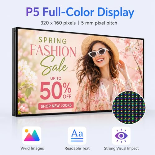 Image of CX 65 x 34 Inch P5 Outdoor LED Sign, 320 x 160 Full-Color RGB Message Board with WiFi, Mobile App and USB Control, IP65 Display for Scrolling Text, Images and Video