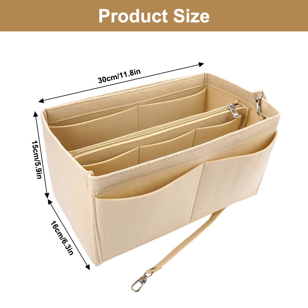 Swetfela Organizzatore Per Borsa In Feltro 2 Pezzi, 30x17x16 Cm, Nero+Beige, Con Multi-tasche E Portachiavi - Accessorio Rimovibile