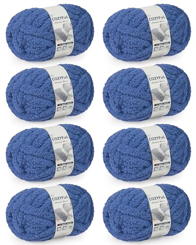 Image of Cozyful Chunky Yarn for Hand Knitting, #9 Thick Jumbo Big Chunky Yarn for Crocheting, Super Chunky Knit Blanket Yarns, Large Chunky Chenille Yarns, 8 Pack (30 yds 8 oz Each Skein), Country Blue