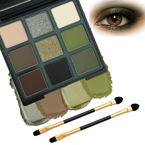 Green Smokey Eyeshadow Palette 9 Highly Pigmented Matte & Shimmer Shades Waterproof & Long-Lasting with Dual-Ended Brush Beginner-Friendly Eye Shadow for Daily Party Festival Makeup