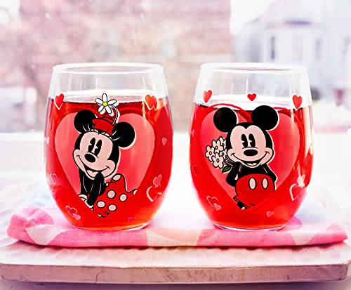 Disney Minnie And Mickey Mouse Hearts Stemless Wine Glasses, Set Of 2 | Tumbler Cup For Mimosas, Cocktails | Each Holds 20 Ounces #TOP6