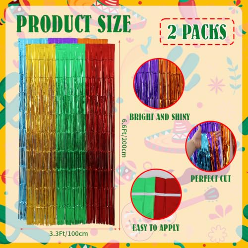 Image of TONIFUL 2Pcs Multicolor Metallic Tinsel Foil Fringe Curtain Door Streamer | 3.3ftx6.6ft Photo Booth Backdrop Tinsel Streamer Curtain, Props for Taco Cinco de Mayo Party Birthday Baby Shower Decorations