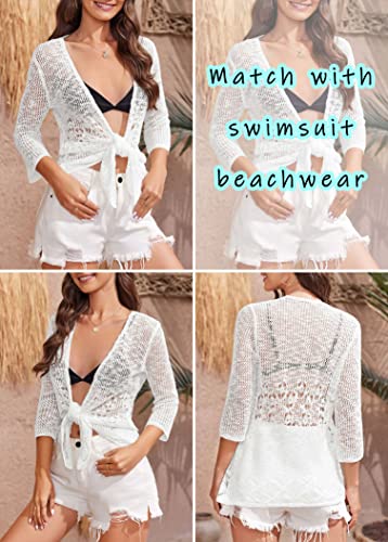 Image of Nulibenna Womens Sheer Shrug Sweaters 3 /4 Sleeve Open Front Tie Cardigan Bolero Jacket Lightweight Crochet Knit Cover Up Tops