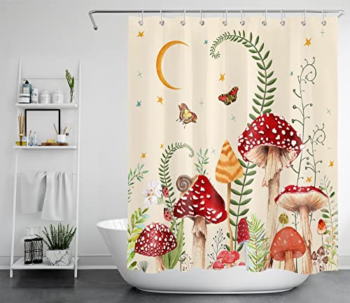 Eobtain Mushroom Shower Curtain Retro Mushrooms Butterfly Floral Green Leaves Boho Moon Botanical Plant Wildflowers Aesthetic Bathroom Curtain 60X72Inches Waterproof Fabric Durable Washable 10 Hooks #TOP1
