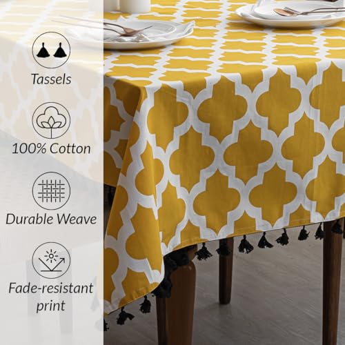 Image of HOMEMONDE Cotton Dining Table Cover 4 Seater 40 X 60 Inch Printed Center Rectangular Table Cloth with Decorative Fringes - (Yellow, 101 X 152 CM)