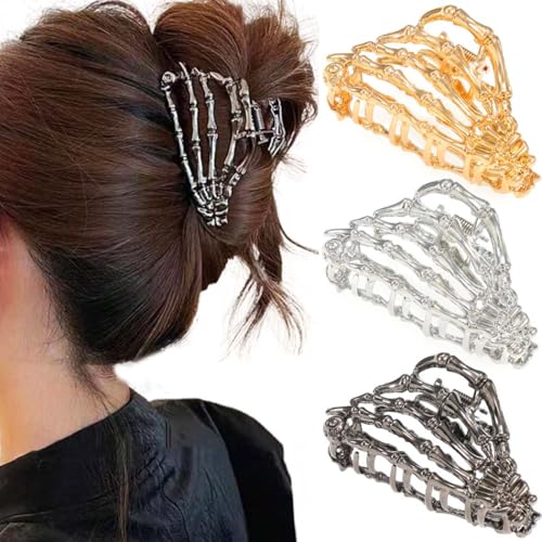 BARTOSI Halloween Hair Clips Skeleton Hand Claw Clips Gothic Metal Hair Claw Clip Hair Accessories for Women (Pack of 3)