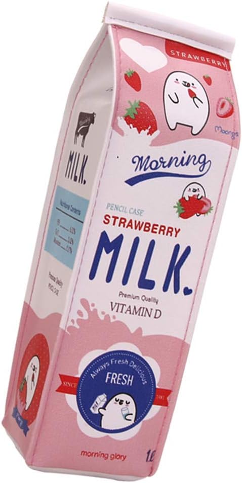 Funny live Cute Milk Shape Pencil Case, Large Capacity Milk Carton Pencil Cases Cosmetic Bag Waterproof PU Pencil Holder Pen Pouch Stationery Organizer (Pink)