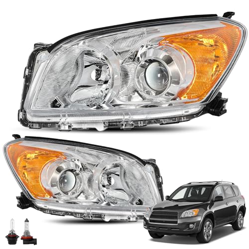 JSBOYAT Halogen Headlight Assembly fit for 2009 2010 2011 2012 Toyota Rav4 Driver and Passenger Side Chrome Housing with Amber Reflector Bulb included