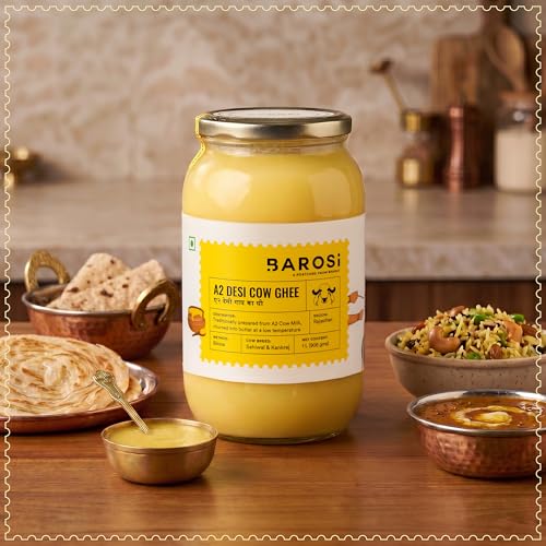Image of BAROSI A2 Desi Cow Ghee 1 Litre | Traditional Bilona Method | Curd Churned Danedar Ghee | Lab Tested | Grass-Fed Desi Cow | Pure, Natural, Aromatic | Shudh Cow Ghee | Glass Jar(1000ml)