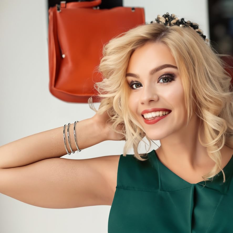 LinnaLove Fashion Shiny Thin Round Stainless Steel Bangle Bracelets for Women (1/3/5/8 Set)3