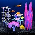 Filhome Glowing Fish Tank Decorations Plants, 4 pcs Glow Aquarium Coral Ornament Decorations Glowing Mushroom Coral Plant Lotus Kelp and Anemone