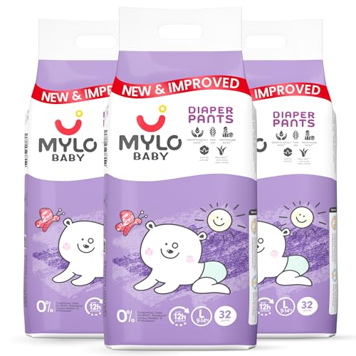 Image of Mylo Baby Diaper Pants Large (L) Size 9-14 kgs (96 count) Leak Proof | Lightweight | Rash Free | Upto 12 Hours Protection | ADL Technology | with Aloe Vera Lotion (32 Count, Pack of 3)