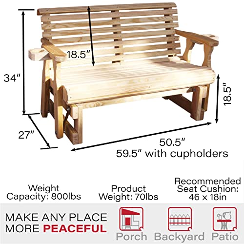 Image of Amish Casual Heavy Duty 800 Lb Roll Back Pressure Treated Porch Glider with Cupholders (4 Foot, Unfinished)