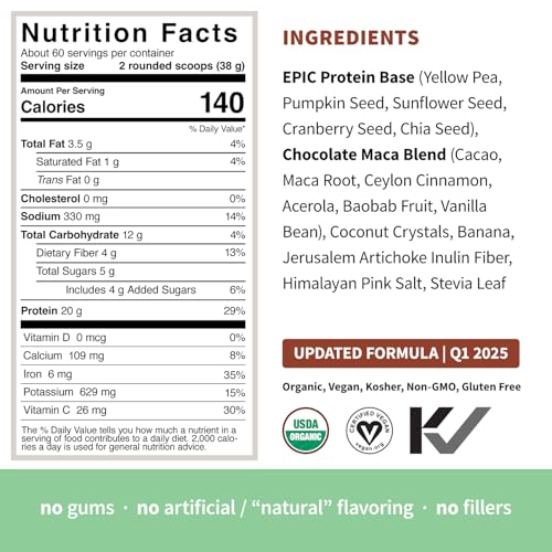 Image of Sprout Living Epic Protein, Plant Based Protein & Superfoods Powder, Chocolate Maca Powder | 20 Grams Organic Protein Powder, Vegan, Non Dairy, Non-GMO, Gluten Free, Low Sugar (5 Pound, 60 Servings)