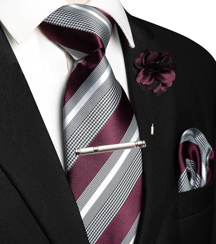 Image of JEMYGINS Mens Striped Tie and Lapel Pin Necktie Pocket Square and Tie Clip Sets for Business Casual 4PCS