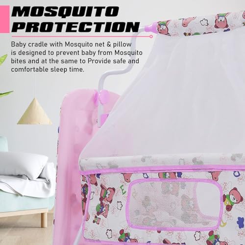 Image of PANDAORIGINALS Jumbo Baby Cradle|Soft Cushion Baby Jhula /Paalna Cute cot with Mosquito Net for 0-9 Months Boys and Girls Super Strong Soft Cushion and Swing Lock Function (Panda Pink)