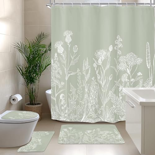 Riyidecor Sage Green Floral Wildflower 4Pcs Bathroom Shower Curtain Sets