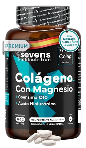 Colágeno con Magnesio Ácido Hialurónico y Coenzima Q10-120 Cápsulas - Colágeno Marino Hidrolizado Puro para Huesos, Articulaciones y Piel - Enriquecido con Vitaminas A, C, D3, B12 y Zinc - Sevens