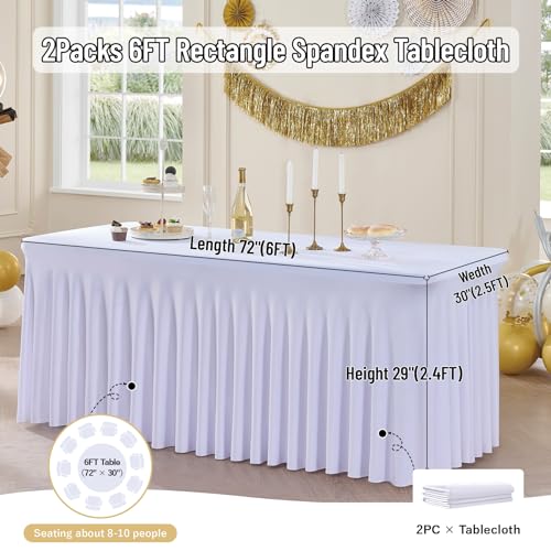 Image of Outpain White Spandex Table Clothes for 6 Foot Rectangle Tables-2Pack 6FT Spandex Fitted Table Cover, Wrinkle Free Tablecloths with Skirt for Parties, Wedding, Birthday, Banquet, Festival