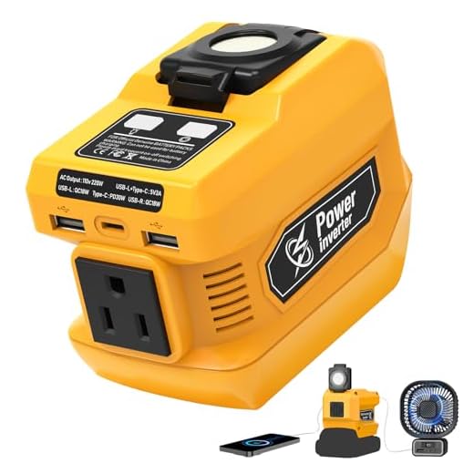 220W Power Inverter Compatible with Dewalt 20V Battery, DC 20V to AC 110V-120V Portable Power Generator, Inverter with 2 USB Ports 1 Type-C 1 AC Outlet, 400 Lumen Light
