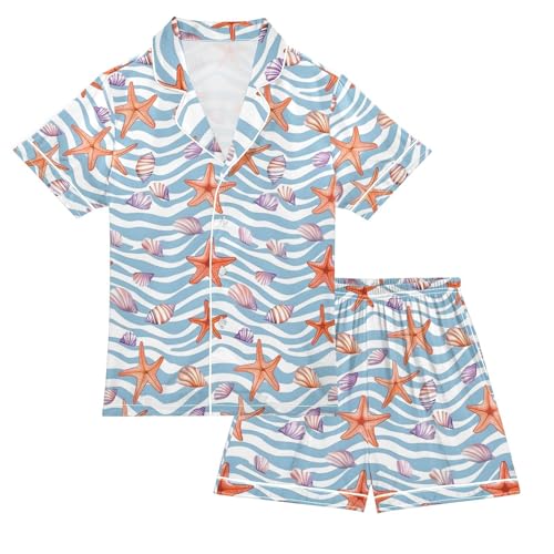 ALAZA Seashell Starfish Chevron Striped Pajamas Satin Pajama Set Short Sleeve Button Down Sleepwear