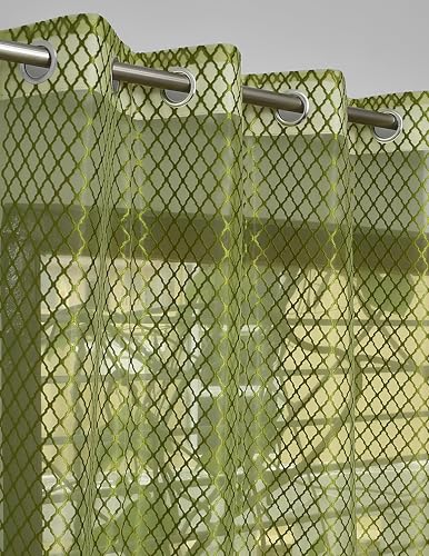 Image of Sheer Net Semi Transparent Home Decor Curtains for Living Room, Balcony Doors and Windows Panel, Parda, Eyelets Hanging, Green, 4 x 9 Feet, Pack of 2