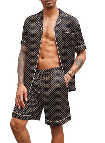 Image of Ekouaer Mens Satin Pajamas Set Button-Down Short Sleeve Shirt Top Soft Silk Sleepwear Shorts with Pockets