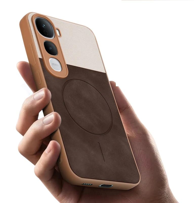 Image of Bintage case Dual-Leather Macc-Safe Design Phone Case| Soft Touch Finish | Full Camera Protectection Back Cover Compatible for Vivo V2439 / Vivo Y400Pro - White & Choco Brown