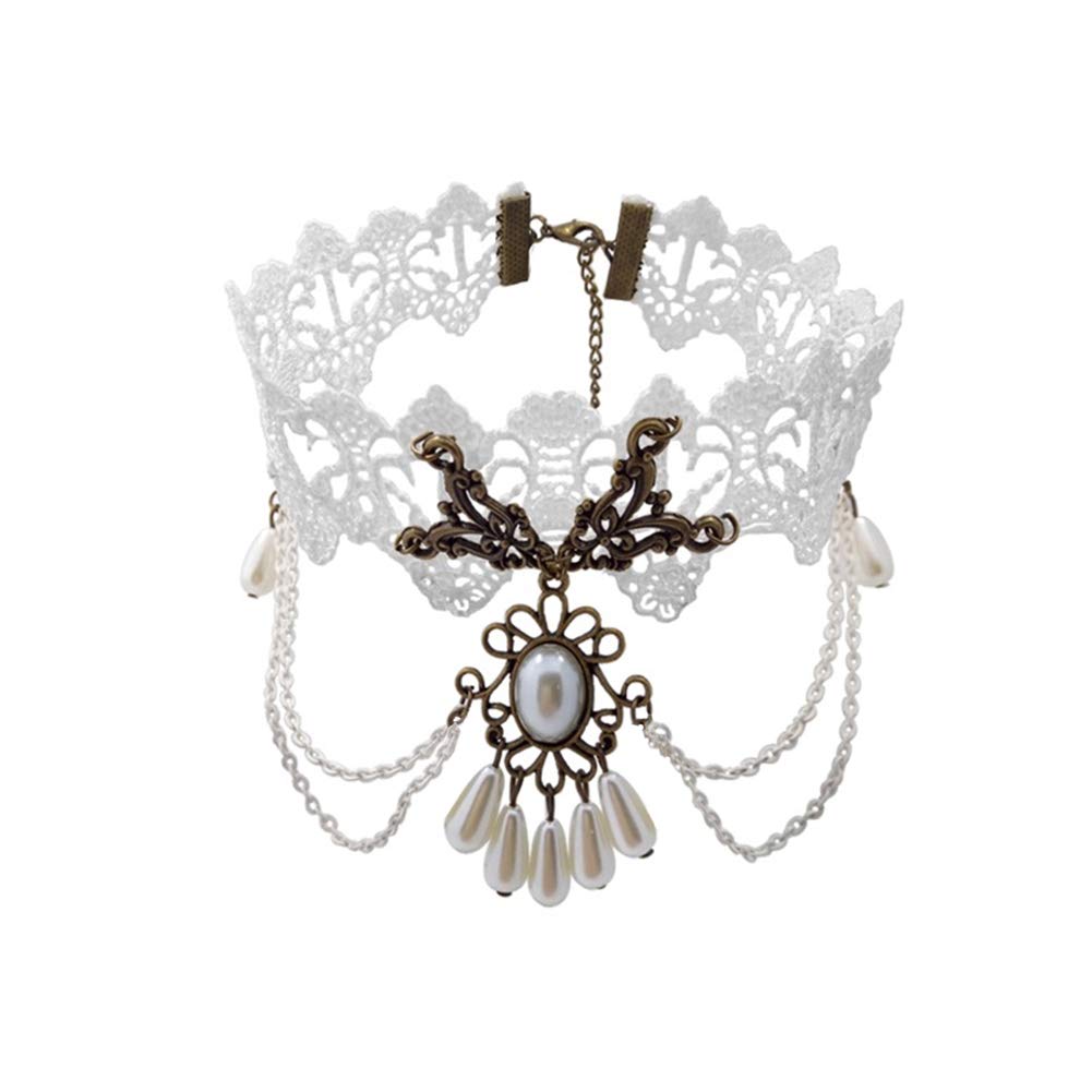 PrettiePrettie Choker Necklace Bracelet Set for Women Gothic Bridal White Lace Choker for Halloween Wedding Steampunk Costume Party Halloween Choker Lolita Victorian Braided Pendant Chain