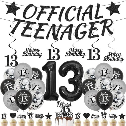 13th Birthday Decorations Boys Banner - 41 Pcs Black Official Teenager Banners Number 13 Foil Balloon Hanging Swirls Latex Balloons and Cake Toppers for Boy 13 Years Old Party Supplies