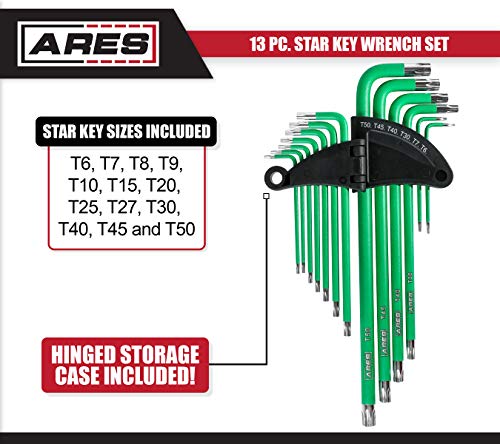 Ares 70166-13-Piece Extra Long Arm Star Key Wrench Set - Chrome Finish With Green High Visibility Anti-Slip Coating - Convenient Storage Case Included #TOP1