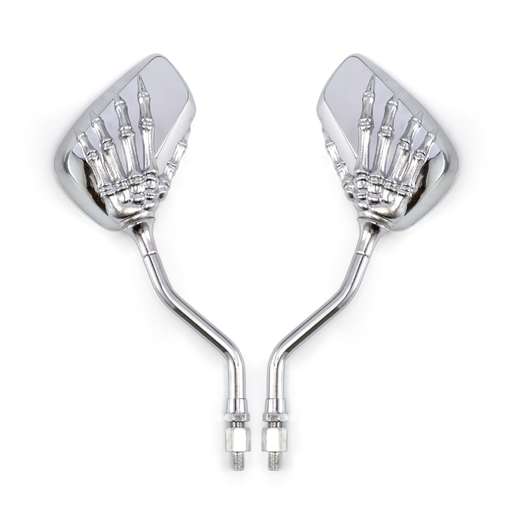 universel 8mm 10mm retroviseur moto chrome avec motif tête de mort et griffes retroviseur moto ompatible avec les motos sportives les choppers et les cruisers (Argent)