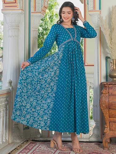 Image of Vbuyz Women's Floral Print Anarkali Cotton Aqua Blue Stitched Kurta | Anarkali Kurti for Women | Kurta for Women