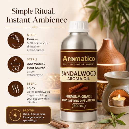 Image of AROMATICO Sandalwood Diffuser Oil, with Chandan Essential Oil | Refresh Homes, Offices & Showrooms | Aromatherapy, Diffusers, Air Purifiers, Vaporizers - 500ML