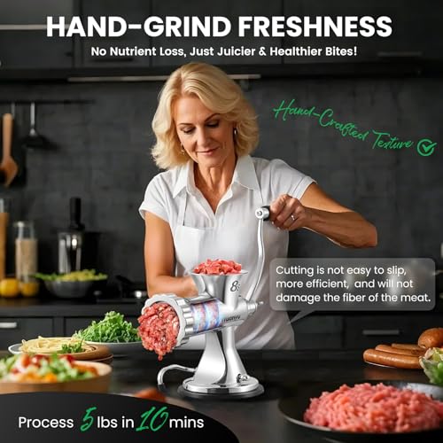Huanyu Manual Meat Grinder with 2 Stainless Steel Sausage Stuffer Filler Hand Crank Mincer Meats Processor Grinding Machine Ground Chopper Home Use for Beef Chicken Rack chili etc. Dishwasher Safe