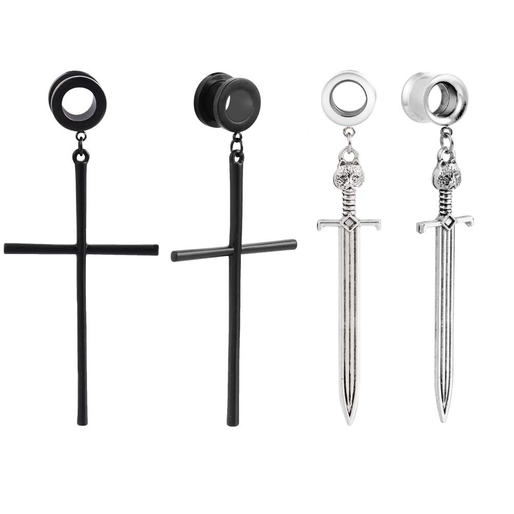 2 Pairs Selling LADEMAYH Ear Tunnels Plug Dangle Cross & Sword Earrings for Men & Women Stainless Steel Ear Expander Stretching Gauges Body Piercing Jewelry
