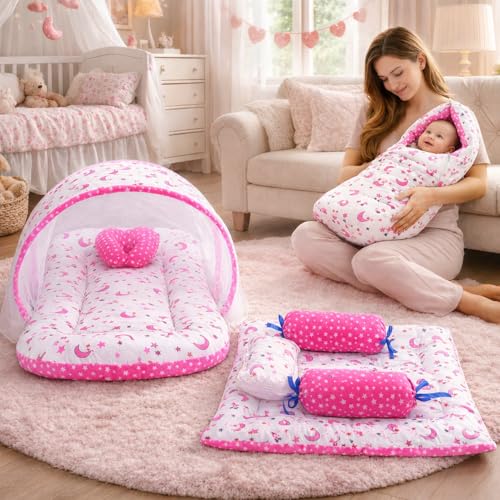 Image of Infantbond Designer Mattress with Net | Baby Sleeping Bag | Carry Bed (0-6 Months) (Star & Moon Pink)