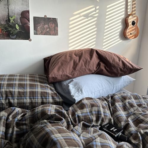 Image of mixinni Vintage Brown & Blue Buffalo Plaid Duvet Cover Set Twin XL Size - 3 Piece Washed Cotton Bedding Set with Grid Pattern, Soft & Breathable Duvet Cover with Pillowcases for Boys, Men& Women