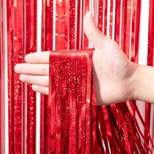 Image of Voircoloria 2 Pack Laser Red Foil Fringe Backdrop Curtains, Tinsel Streamers Birthday Party Decorations, Fringe Backdrop for Valentines Day, Wedding Photobackdrop, Anniversaries Party Decorations