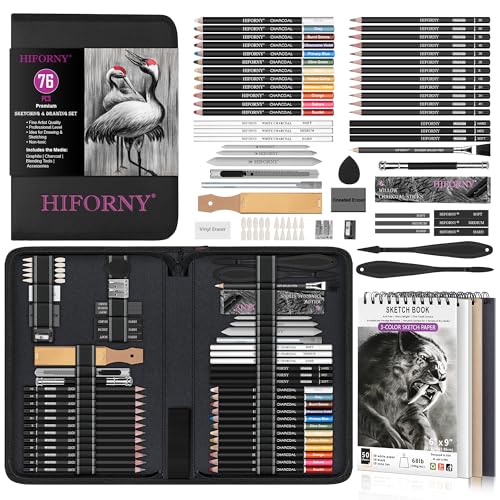 Opiniones de Juegos de dibujo más recomendados. 48 HIFORNY - Juego de 76 piezas de dibujo para bocetos, lápices de bocetos, suministros de arte con grafito, carbón, herramientas y accesorios de mezcla, estuche portátil con...
