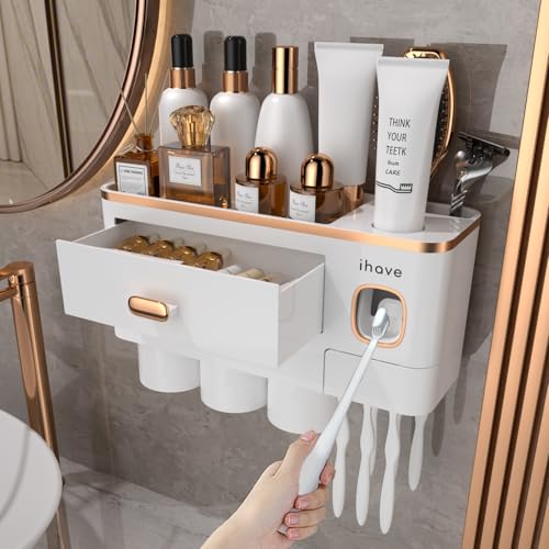 iHave Toothbrush Holders Wall Mounted with Toothpaste Dispenser & 3
