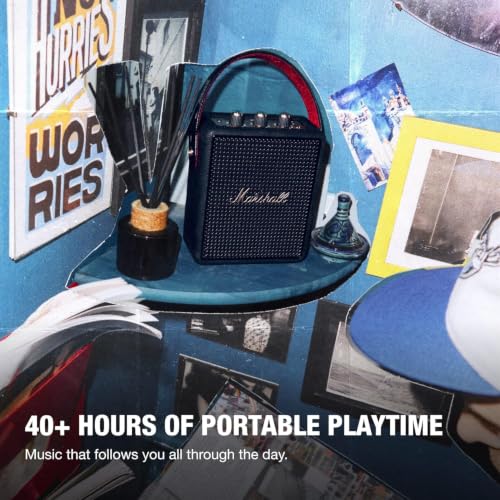 Image of Marshall Stockwell III Portable Bluetooth Speaker with 40+ Hours of Playtime, (360 True Stereophonic Sound), IP55 Dust & Water Resistant, M Button for Presets - Black & Brass.