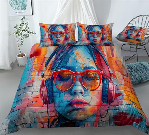 REALIN Colorful Music Headphones Duvet Cover Set Hand-Painted DJ Music Bedding Girl Boy Kids Bed Sets 3/4PCS Quilt Covers/Sheets/Pillow Shams,Twin/Full/Queen/King (C,Twin-172x218cm-4PCS)
