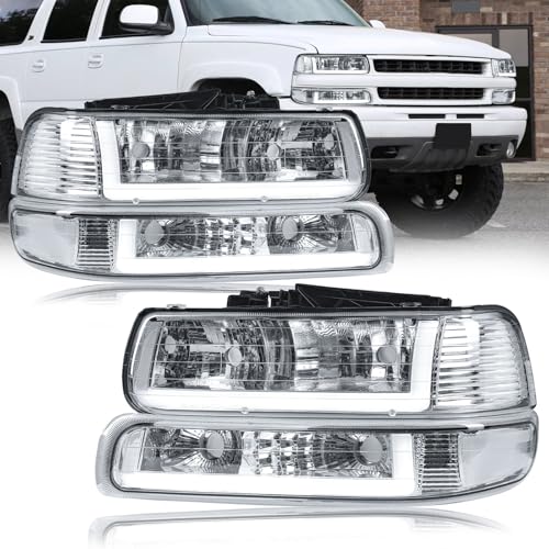 Fullux DRL LED Headlights Assembly Compatible with 99-02 Chevy Silverado 1500 2500 1500HD 2500HD 3500 2000-2006 Suburban Tahoe Headlamp Clear Reflector Chrome Housing