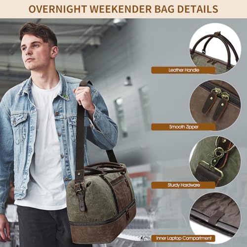 Duffle Bag for Travel: Weekender Overnight Bag Waterproof Waxed Canvas Vintage Duffel Bag with Shoe Compartment & 2 Packing Cubes, Heavy Duty Camping Flight Bags for Mens (Army Green)3