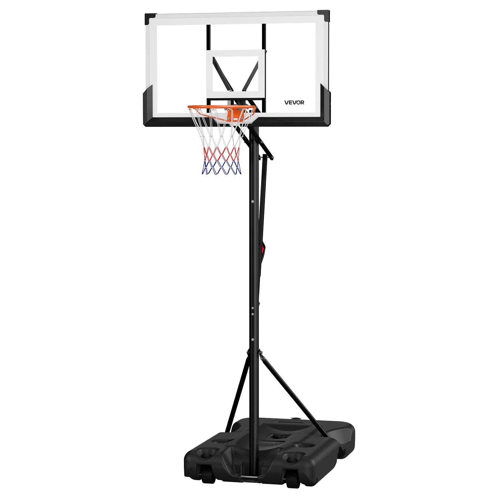 VEVOR Supporto da Basket Portatile Massimo 3,05 m Pallacanestro da Esterno con Piedistallo Regolabile in Altezza Design di Sollevamento, con Ruote e Tabellone PC da 1371,6 mm, per Cortili, Scuole