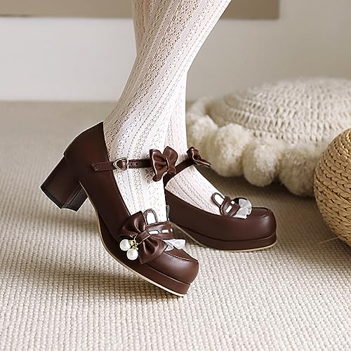 Women's Lolita Mary Jane Heels with Bow, Kawaii Chunky Block Ankle Strap Cosplay Shoes, Cute Dress Platform Mary Jane Pumps3